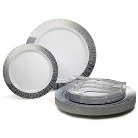 " OCCASIONS " 720 Pcs set (120 guest) Wedding Disposable Plastic Plate and Silverware Combo 10.25" + 7.5" + Silverware (Double Fork) (Starlight in White & Silver, Silver Silverware)