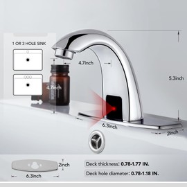 Automatic Touchless Bathroom Sink Faucet Commercial Sensor Motion Activated Hands Free Basin Auto Tap with Deck Cover Plate Battery Operated Temperature Valve Water Saving Modern Stylish（Chrome）