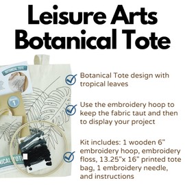 LEISURE ARTS Embroidery Kit for Beginners - Botanical Tote 8in - Cross Stitch Kit for Adults - Embroidery Patterns