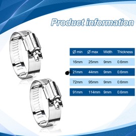 10 Pack Jubilee Clips 21–44mm – Adjustable Stainless Steel Hose Clamps for Medium Pipes and Hoses, Fuel, Water, Gas Applications, Worm Drive Pipe Clips for Plumbing