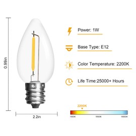 Jslinter - Paquete de 25 bombillas LED C7 de repuesto, 1 W (equivalente a 11 W), 60 LM, blanco cálido de 2200 K, inastillable, base de tornillo E12, bombillas Edison clásico para patio y jardín