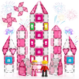 BOLORBT Magnetic Tiles for Kids, Pink Princess Castle Magnet Building Blocks with 2 Dolls & Balconies, 98PCS 3D Diamond STEM Toys for Creative Pretend Play, Birthday Gifts for Girls Ages 3-8