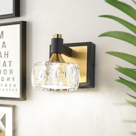 BICRINK 1-Light Crystal Wall Sconces, 4.3" LED Indoor Wall Mount Light Fixture, Modern Wall Lights Sconces, Bathroom Wall Lamp Black Gold Wall Lighting with Glass Shade for Bedroom Living Room Hallway
