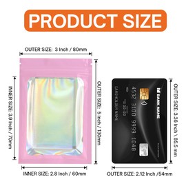 4CP 100 Pcs 3.1''x5.2'' Holographic Mylar Bags with Clear Window, Zipper Packaging Bags for Food Storage, Odor Foil Pouch for Lipgloss & Jewelry Eyelash Packaging for Small Business, Pink
