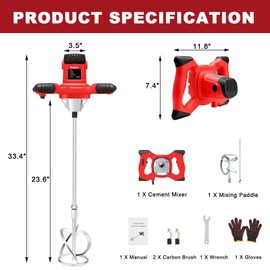 Cement Mixer, Handheld Electric Concrete Mixer, Portable Mortar Mixer with 6 Adjustable Speed, 110V Mud Mixer Machine Drill Tool for Paint Mortar Fodder Mixing Drywall Grout Plaster (Red)
