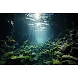 ZatiasMiller Aquarium Background Underwater Scene Dark Cave and Sunlight Rays Terrarium Background Undersea Rocks with Moss Aquarium Backdrop Fish Tank Decor Vinyl 36x18in