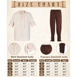8 Pcs Renaissance Costume for Men Medieval Pirate Shirt Pant with Viking Belt Bracer Bag Scabbard and Shoulder Armor (Vintage Color, X-Large)