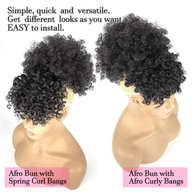Afro Puff Drawstring Ponytail with Bangs Pineapple Updo Hair for African American Women,Short Kinky Curly Ponytail Bun with 2 Replaceable Bangs(#1B-Black)