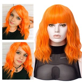 Qaccf Short Curly Women Wavy Bob Wig with Full Bang Shoulder Length Girls Bob Wig (Orange)