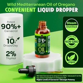 Maju Superfoods Maju Gotas De Aceite De Orégano, Potente 90% + Carvacrol (1 Fl Oz) Aceite Esencial Mediterráneo Silvestre Líquido De Orégano, Aceite D