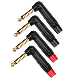 GOSYSONG 1/4 inch Mono Plug Right Angle 4-Pack, DIY 1/4 inch TS Solder Type Audio Connector, Heavy Duty Quarter Inch Adapter 24K Gold-Plated for Guitar Cables, Instrument Cable (Black*2+Red*2)