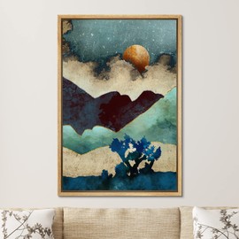 SIGNFORD Framed Canvas Print Wall Art Clouds & Moon Over Teal, Brown & Blue Desert Abstract Wilderness Digital Art Modern Art Southwest Colorful for Living Room, Bedroom, Office - 24"x36" Natural