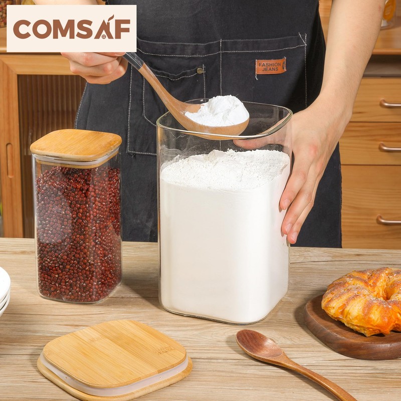 ComSaf Glass Pantry Storage Containers, 156/51 oz Large Square Flour