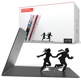 Unique Black Metal Decorative Bookends - Whimsical Hidden Book Ends for a Cool Book Holder Display - Cute Home Decor and Modern Gift Idea for Shelves Desk or Table (Runaway)