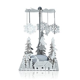 Silver Winter Cabin Candle Spinner - Silver Plated Laser Cut Winter Scene Cabin Trees Design with Snowflake Charms - Tea Light Candle Holder - Christmas Décor