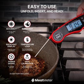 MeatMeter Digital Meat Thermometer for Grill/Cooking Fast Instant Read Waterproof Magnetic Probe Thermometer w/Backlight and Display for Kitchen, BBQ, Frying, etc. Chicken, Steak,or Burgers, Red