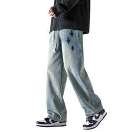 PRIJOUHE Mens Wide Leg Jeans Elastic Waist Baggy Jeans Casual Drawstring Denim Pants Trousers