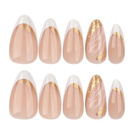 French Tip Press on Nails Medium Almond Fake Nails Gold Glitter Marble Acrylic Nails Nude False Nails Press ons Full Cover Glue on Nails White Tip Stick on Nails for Women Girls 24Pcs