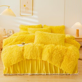 ERLOXO Fluffy Yellow Faux Fur Comforter Cover Queen Set，Fluffy Fuzzy Plush Yellow Bedding 4Pcs (1 Faux Fur Duvet Cover +2 Fuzzy Pillowcases+1velvet Bed Skirt) Yellow Fluffy Bed Set(Yellow, Queen)