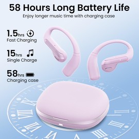 Piluyaa Open Ear Bluetooth 5.3 Earbuds, Wireless Headphones Sport Over Earphones Built-in Mic with Ear Hooks, 58H Playtime Ear Buds Fast Charging, IPX7 Waterproof for Running/Workout—Purple