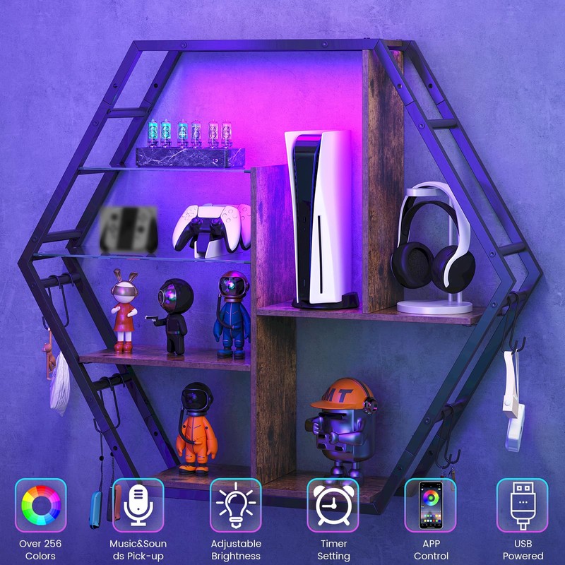 Saudism Floating Shelves with Lights, Led Shelves for Wall, Gaming