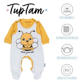 TupTam Baby Girls Boys Romper with Long-Sleeved Shirt Print Saying 2 Pieces, Bee Yellow / Stripes Grey
