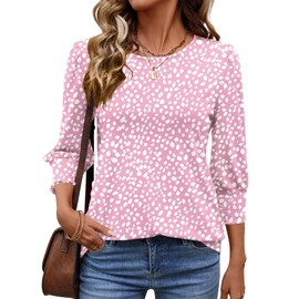 IECCP Women Tops Summer V Neck Tunic Elegant Office Work Blouse Ladies Casual Clothing Dressy Smocked Sleeve T Shirts White Dot Pink L (UK 16-18)