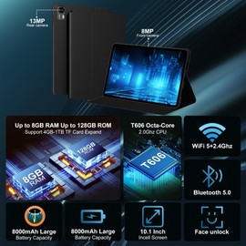 SHOUDUM Androind 14 Tablet, 10.1 Inch Tablet, 8GB RAM 128GB ROM 1TB Expand, 8000mAh Battery, 10.1 Inch Octa-Core with 13MP+8MP Camera/Bluetooth/GPS/WiFi/HD Display, Dark Grey.