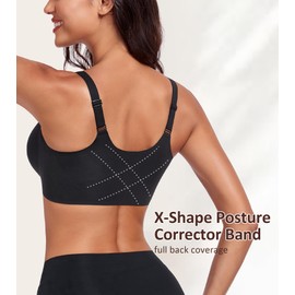 DotVol Women's Seamless Front Closure Posture Wireless Back Support Everyday Bra(Black,L)