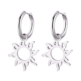 Sun Pendant Hoop Earrings for Women Stainless Steel Sun Dangle Earrings Gold Silver Sunshine Drop Earrings Jewelry (Silver)