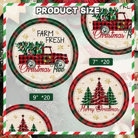 40 Pcs Christmas Paper Plates Disposable Tableware Set Rustic Truck Trees Red Green Black Plaid Printed Dessert Paper Plates Decorative for Winter Christmas Holiday Dinner Party Table Supplies