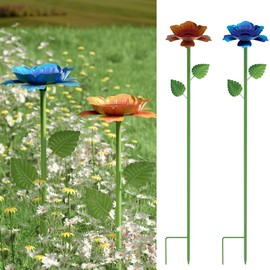 Retyion 2 Pack Bee Watering Station - Flowers Butterfly Feeder, Bee Water Feeders for Outside, Metal Garden Decor, Bee Baths for Garden Yard Patio (Blue,Yellow)