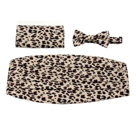 Mens Formal Woven Leopard Print Cummerbund Pre-Tied Bowtie Hanky set