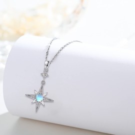 REDSUN Moonstone Necklace S925 Sterling Silver Eight-Pointed Star Chain Platinum/Gold/Rose Gold Rainbow Pendant Jewellery for Women Girls Mother Daughter Wife Gift, Sterling Silver, Moonstone