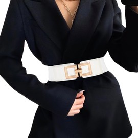 WHIPPY Wide Belts for Women Fashion Elastic Belt for Dresses Vintage Waist Belt Ladies Stretchy Belt Gold Buckle,White 39 Inches