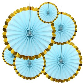 Yosawa 6Pcs Paper Fan Flowers Hanging Paper Fans Decoration for Birthday Wedding Christmas Graduation Theme Party （Blue Gold Lace）
