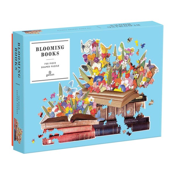 Galison Blooming Books Shaped Jigsaw Puzzle, 750 Pieces, 28.3” x 21'' – Flowers, Butterflies and Books – Die-Cut – Thick, Sturdy Pieces – Challenging and Fun – Fun Indoor Activity