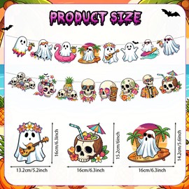 YVAINE Summer Halloween Banner, 4PCS Funny Hawaii Skeleton Novelty Halloween Banner,Spooky Summer Pool Beach Hawaii Halloween Ghost Hanging Garland