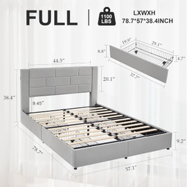 VECELO Full Bed Frame with 4 Storage Drawers, Velvet Upholstered Platform Beds Charging Station-Ports for USB and Type-C, Noise-Free, No Box Spring Needed, Easy Assembly, Light Grey