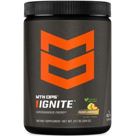 MTN OPS Ignite Energy Drink Powder, Naturally Gluten Free & Sweetened with Monk Fruit, Nitric Oxide Supplement Drink Mix, Caffeine & Nootropic Sugar Free Drink Mix, 45 Servings, Peach Lemonade