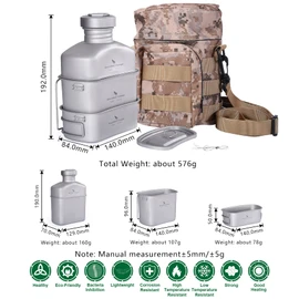Boundless Voyage Titanium Military Canteen Outdoor Camping Hiking Water Bottle Mess Kit (Ti15158B (Canteen+2cups Set))