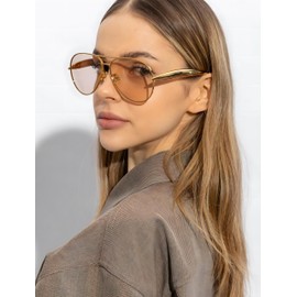 YMRFW Gold Oversized Aviator Sunglasses for Women Men Metal Frame Retro Streamlined Sardine Silhouette Sun Glasses