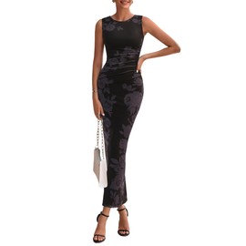 PRETTYGARDEN Wedding Guest Dresses for Women 2025 Summer Spring Floral Bodycon Sleeveless Mesh Maxi Long Dress(Floral Black,Medium)