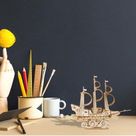 Relaxdays 3D Puzzle Ship, HBT: 18 x 22 x 6.5 cm, Wooden Puzzle Children & Adults, Model Kit, Ship Model, Wood, Natural