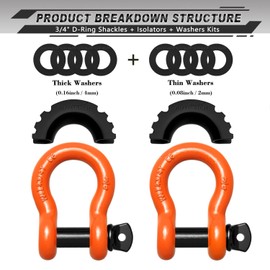 AUTMATCH D Ring Shackle 3/4" Shackles (2 Pack) 41,887Ibs Break Strength, Clevis Shackle with 7/8" Screw Pin & Shackle Isolator Washers Kit for Tow Strap Winch Off Road Vehicle Recovery, Orange & Black