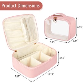 Ebbniur Makeup Bag, 2 PCS PU Leather Cosmetic Bags, Portable Travel Makeup Case, Large Makeup Organizer with Clear Makeup Bag for Women (Pink)
