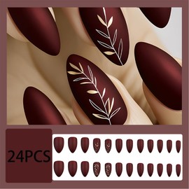 LBPEPAMZ 24Pcs Wine Red Press on Nails Medium Almond Fake Nails with Gold Leaves Design Spring Leaf Artificial Reusable Glue on Nails Red Solid Matte Stick on Nails for Women Manicure Daily Decoration