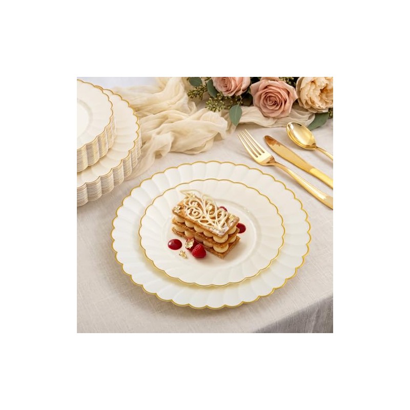 YOUBET 175PCS Ivory Scalloped Plastic Plates - Gold Disposable Dinnerware
