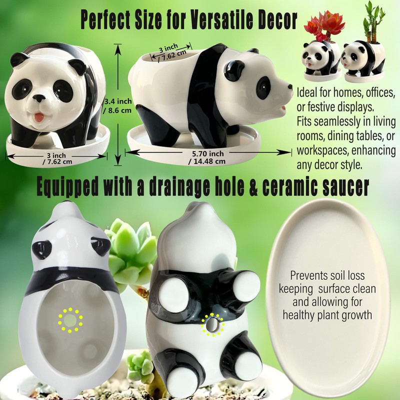 KEEPPACE 2PC Panda Bamboo Planter Pots-5.7 Inch Ceramic Animal Planters