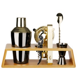 Arora 8Pcs Bartender Kit Bar Set, 20OZ Black & Gold Cocktail Shaker Set with Stainless Steel Bartending Accessories for Home & Bamboo Stand, Ideal Drinking Mixers Gift Set for Martini Margarita